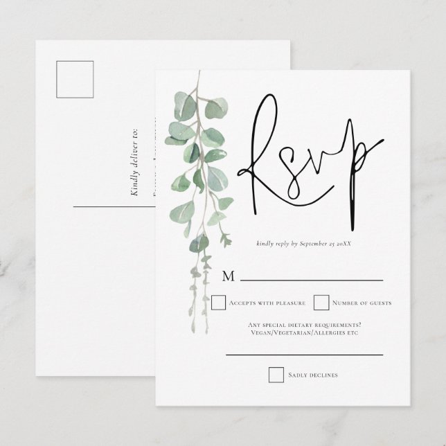 Postal De Invitación Elegante Eucalyptus Script Wedding RSVP (Anverso / Reverso)