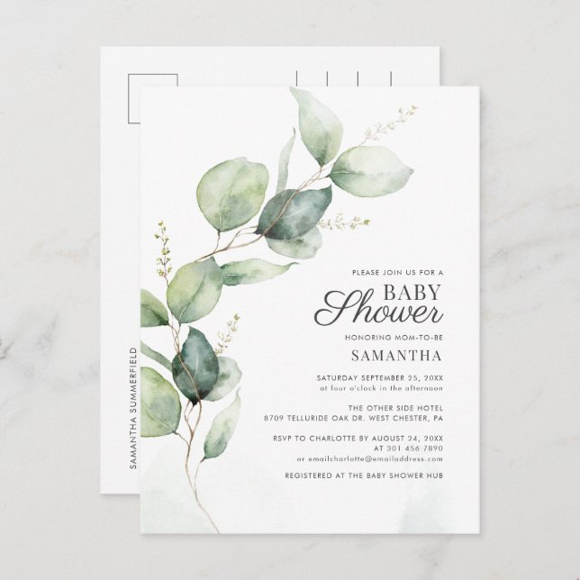 Postal De Invitación Elegante Eucalyptus Sunflower Baby Shower (Anverso / Reverso)