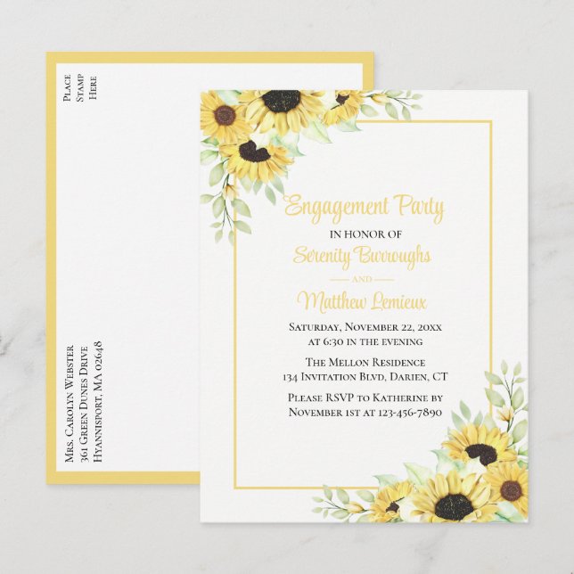Postal De Invitación Elegante fiesta de compromiso floral de girasoles  (Anverso / Reverso)