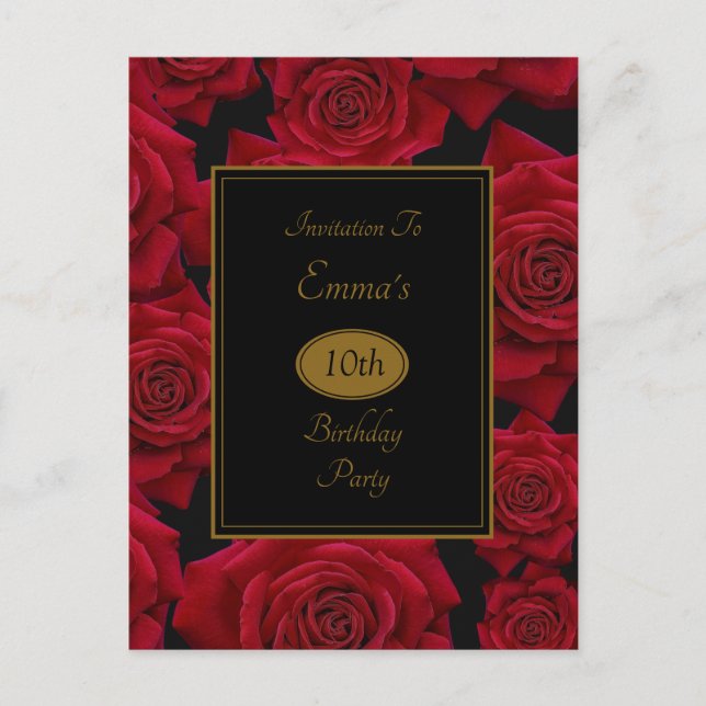 Postal De Invitación Elegante fiesta de cumpleaños de Rosas Rojas (Anverso)
