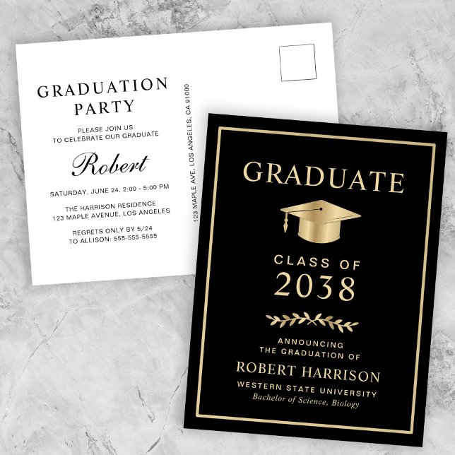 Postal De Invitación Elegante Fiesta de Graduación de Black Gold Colleg (An elegant college graduation party invitation postcard to celebrate the graduate's achievements)