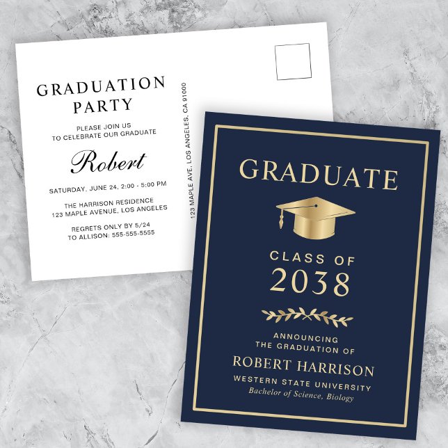 Postal De Invitación Elegante Fiesta de Graduación de Blue Gold College (An elegant college graduation party invitation postcard to celebrate the graduate's achievements)