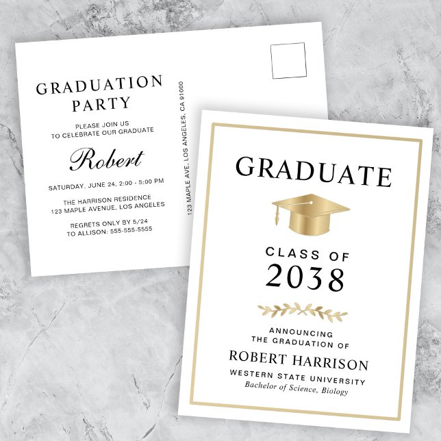 Postal De Invitación Elegante Fiesta de Graduación de Grado de Oro en e (An elegant college graduation party invitation postcard to celebrate the graduate's achievements)