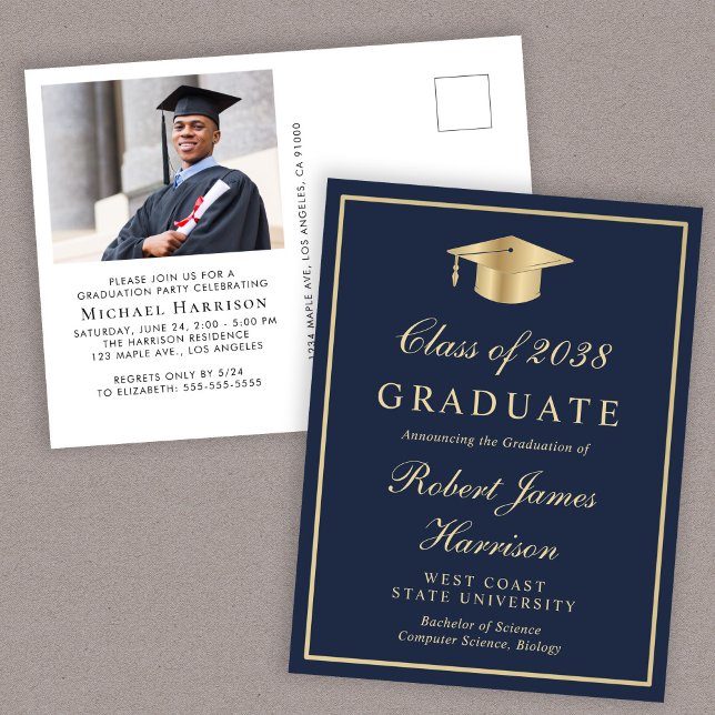 Postal De Invitación Elegante Fiesta de Graduación del Colegio Blue Gol (An elegant college graduation party invitation to celebrate the graduate's achievements)