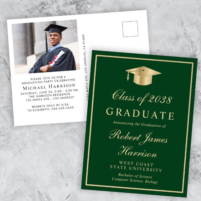 Postal De Invitación Elegante Fiesta de Graduación del Green Gold Colle (An elegant college graduation party invitation to celebrate the graduate's achievements)