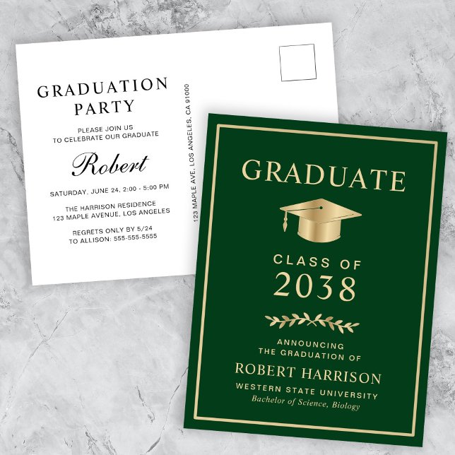 Postal De Invitación Elegante Fiesta de Graduación del Green Gold Colle (An elegant college graduation party invitation postcard to celebrate the graduate's achievements)