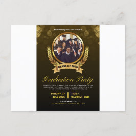 Postal De Invitación Elegante fiesta de graduación en negro y oro.