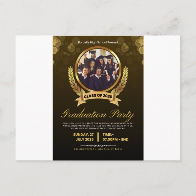 Postal De Invitación Elegante fiesta de graduación en negro y oro. (Anverso)
