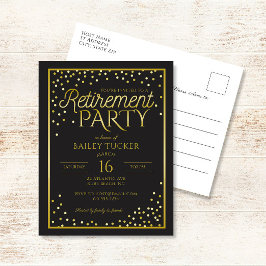 Postal De Invitación Elegante Fiesta de Jubilación Negra y Dorada