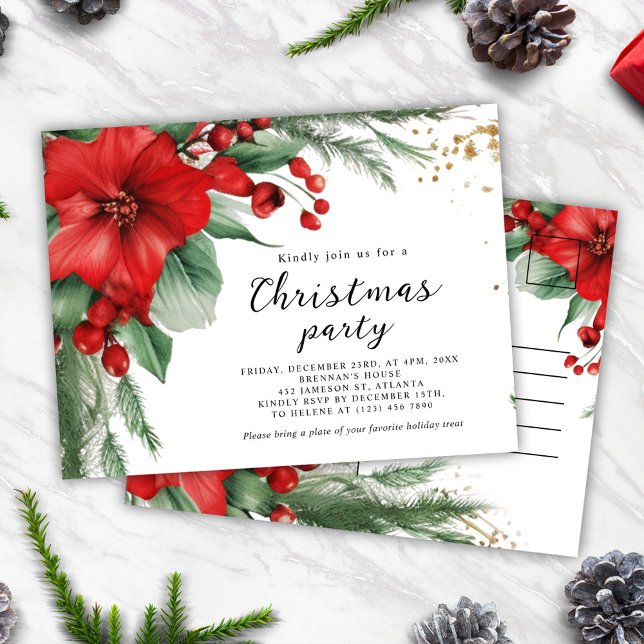 Postal De Invitación Elegante Fiesta de Navidades Botánicos del Verde R (Elegant Red Green Botanical Christmas Party Invitation Postcard)