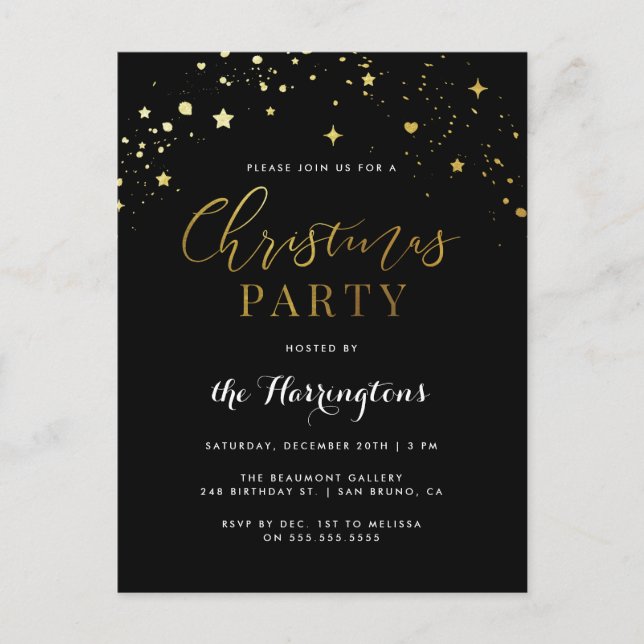 Postal De Invitación Elegante Fiesta de Navidades de Confetti Black & G (Anverso)