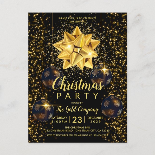 Postal De Invitación Elegante fiesta de Navidades de oro negro (Anverso)