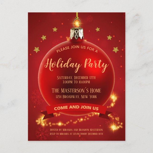 Postal De Invitación Elegante fiesta de Navidades en Bauble Rojo (Anverso)