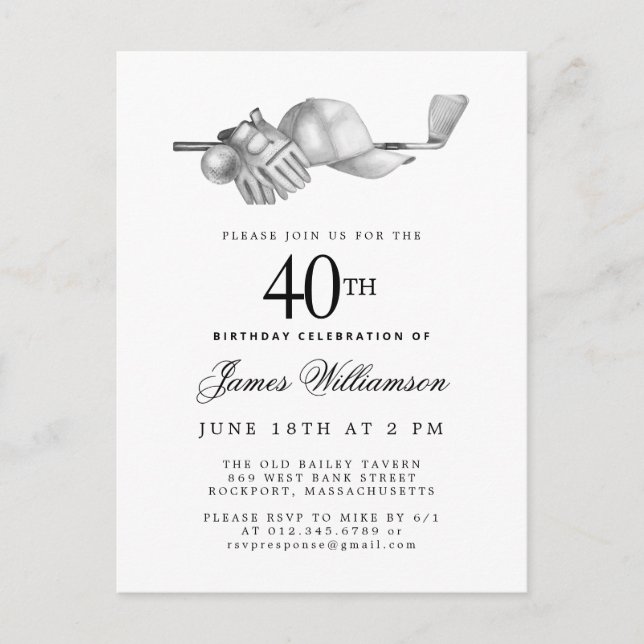 Postal De Invitación Elegante Fiesta del Golf Blanco Negro 40 cumpleaño (Anverso)
