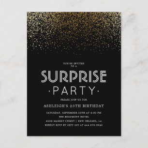 Postal De Invitación Elegante Fiesta Gold Confetti y Black Surprise
