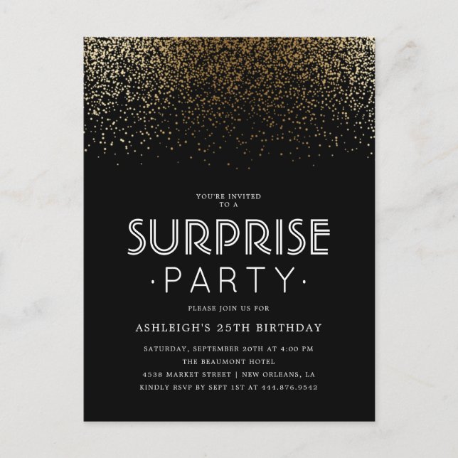 Postal De Invitación Elegante Fiesta Gold Confetti y Black Surprise (Anverso)