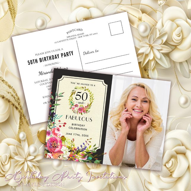 Postal De Invitación Elegante floral 50 y fabulosa fiesta de cumpleaños (Subido por el creador)