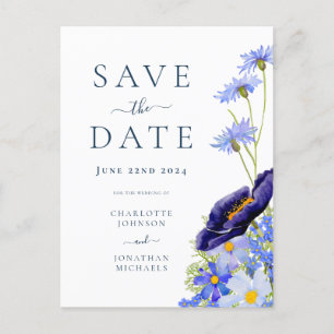 Postal De Invitación Elegante Floral Azul de Boda de Verano