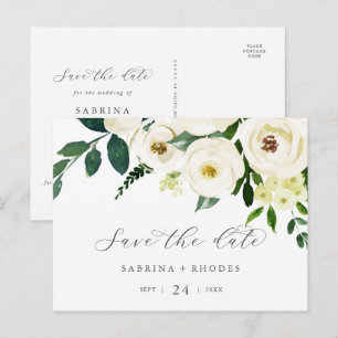 Postal De Invitación Elegante floral blanca horizontal Guardar la fecha