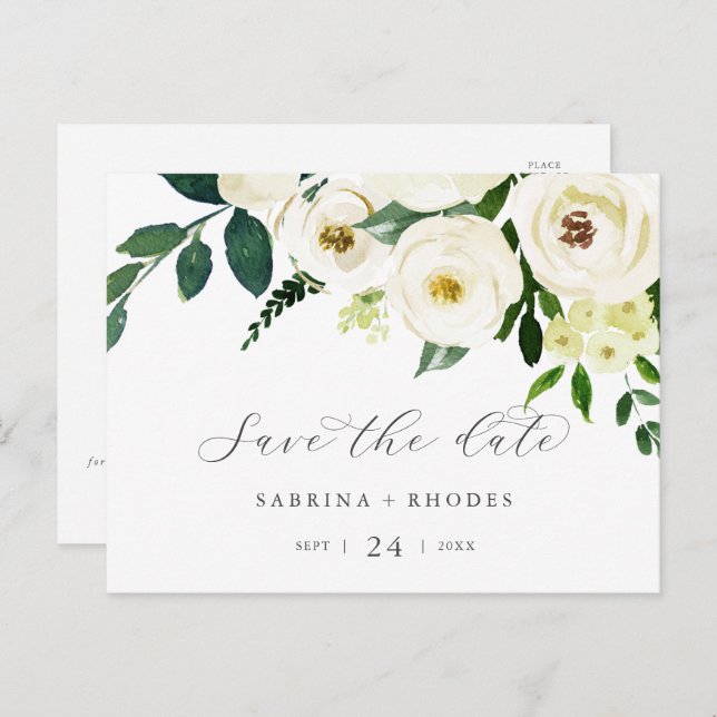 Postal De Invitación Elegante floral blanca horizontal Guardar la fecha (Anverso / Reverso)
