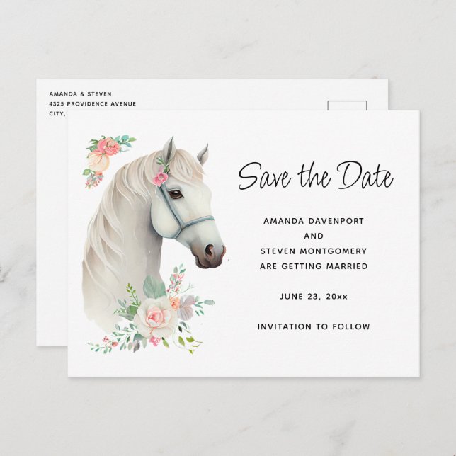 Postal De Invitación Elegante floral de Boho blanco para caballos salva (Anverso / Reverso)
