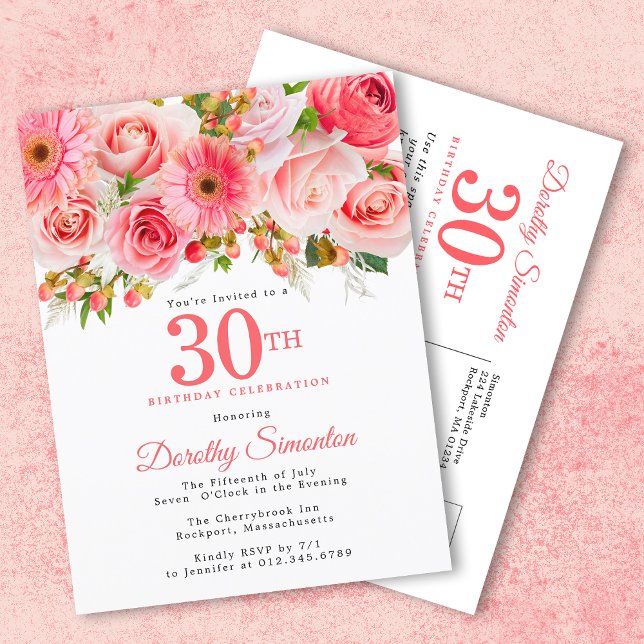 Postal De Invitación Elegante Floral Rosa 30 cumpleaños (Subido por el creador)