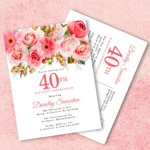 Postal De Invitación Elegante Floral Rosa 40 cumpleaños