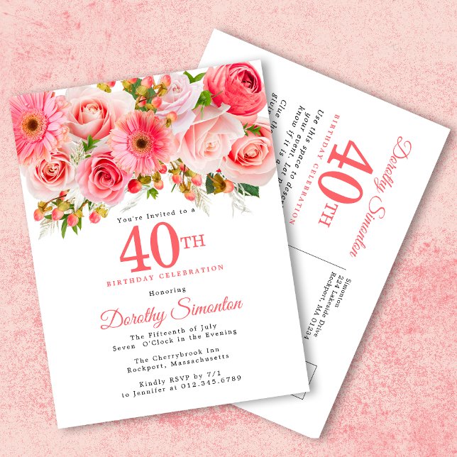Postal De Invitación Elegante Floral Rosa 40 cumpleaños (Subido por el creador)