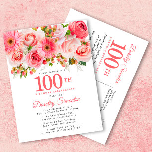 Postal De Invitación Elegante Floral Rosa Cumpleaños 100