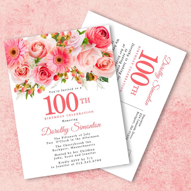 Postal De Invitación Elegante Floral Rosa Cumpleaños 100 (Subido por el creador)
