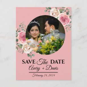 Postal De Invitación Elegante Floral Rosa Fecha de Guardado Totalmente 