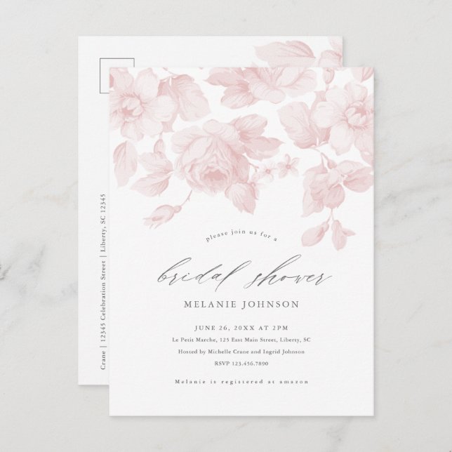 Postal De Invitación Elegante Floral Script ducha de novia rosa (Anverso / Reverso)