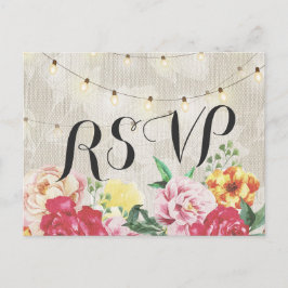 Postal De Invitación Elegante Floral String Lights Linen Wedding RSVP