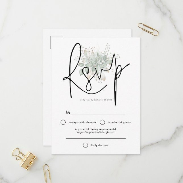 Postal De Invitación Elegante Foliage Black Script Wedding RSVP (Anverso/Reverso In Situ)