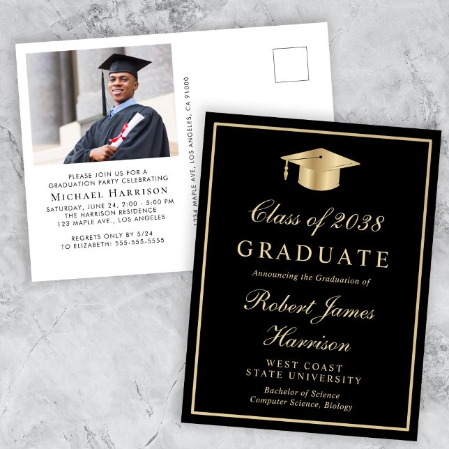 Postal De Invitación Elegante foto Black Gold Graduation Party (An elegant college graduation party invitation to celebrate the graduate's achievements)