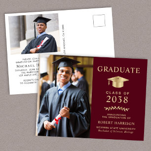 Postal De Invitación Elegante Foto Burgundy Gold Graduation Party