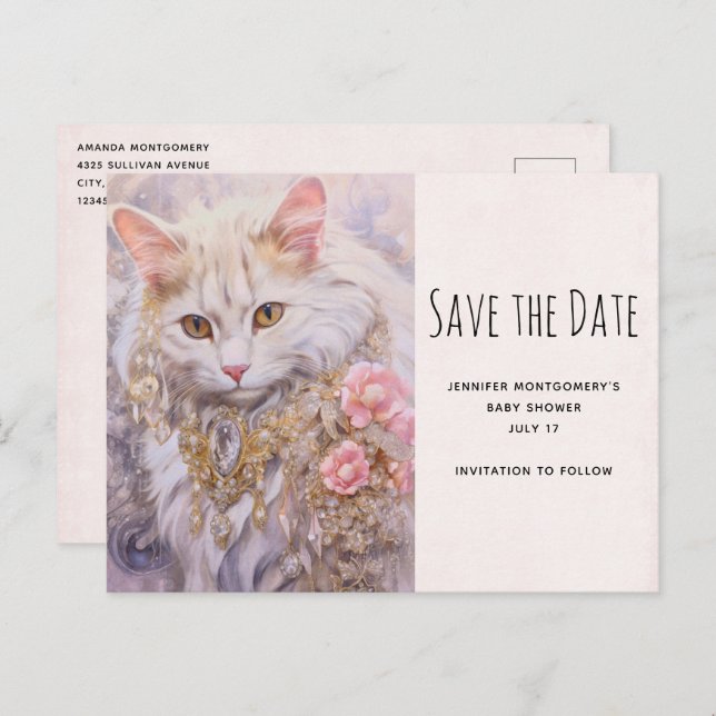 Postal De Invitación Elegante gato blanco en joyas de diamantes salva l (Anverso / Reverso)