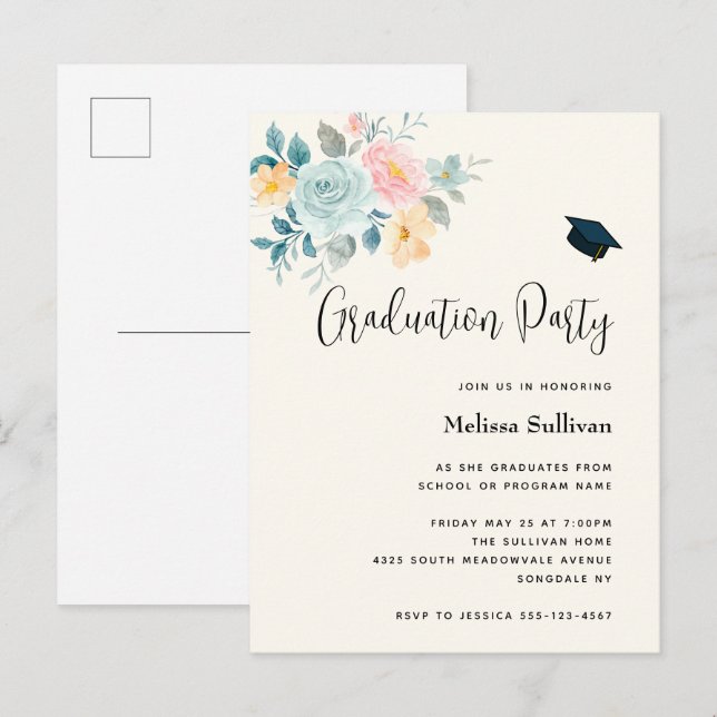 Postal De Invitación Elegante Graduación de Bouquet de Flor Rosa y Azul (Anverso / Reverso)