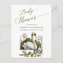 Postal De Invitación Elegante Green Script Swan Minimalista Baby Shower