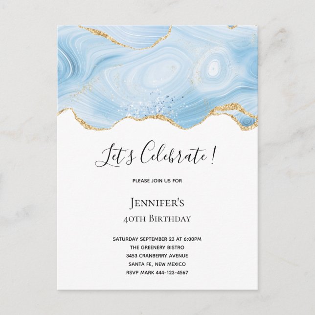 Postal De Invitación Elegante Guay Blue Agate con cinta Purpurina Gold (Anverso)