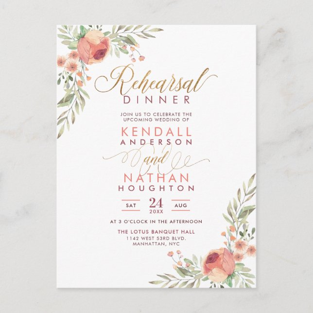 Postal De Invitación Elegante Guión Acuarela Floral Ensayo Cena (Anverso)