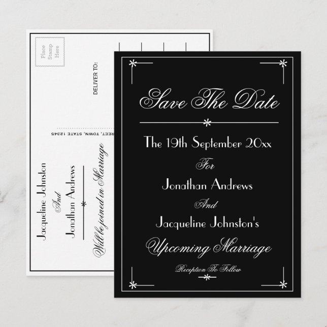 Postal De Invitación Elegante Guión B & W Boda Guardar La Fecha (Anverso / Reverso)