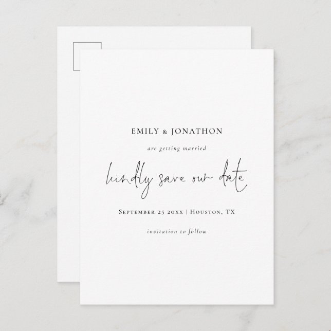 Postal De Invitación Elegante Guión Blanco Negro Simple Guardar La Fech (Anverso / Reverso)