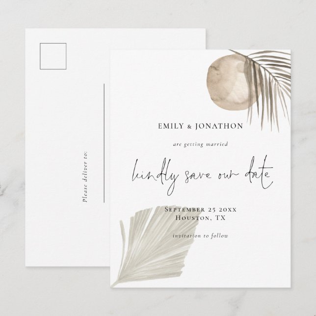 Postal De Invitación Elegante Guión Boho Pampas Grass Guardar La Fecha (Anverso / Reverso)