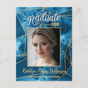 Postal De Invitación Elegante guión de Purpurina de oro azul Graduación