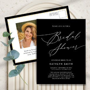 Postal De Invitación Elegante guión negro Moda Minimalista ducha de nov