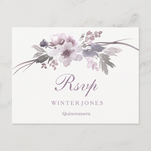 Postal De Invitación Elegante invierno floral morado Quinceanera RSVP (Anverso)