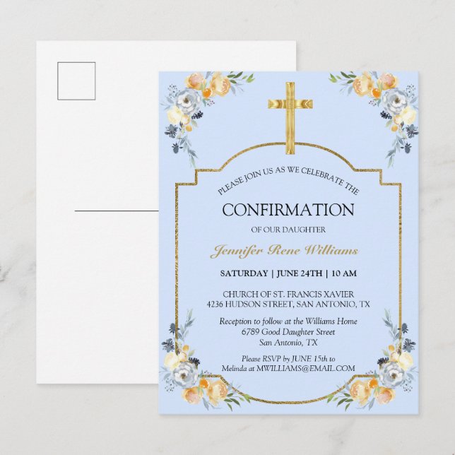 Postal De Invitación Elegante Invita de confirmación floral azul de la  (Anverso / Reverso)