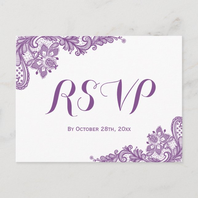 Postal De Invitación Elegante Lavanda Boda de encaje púrpura RSVP (Anverso)