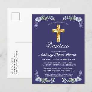 Postal De Invitación Elegante Lavanda Cruz De Oro Bautizo Bebé